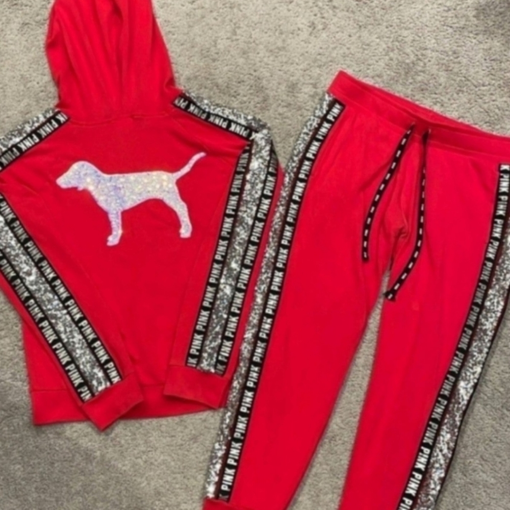 Victoria's Secret Pink 3 piece Red & Silver Sequin Bling S…